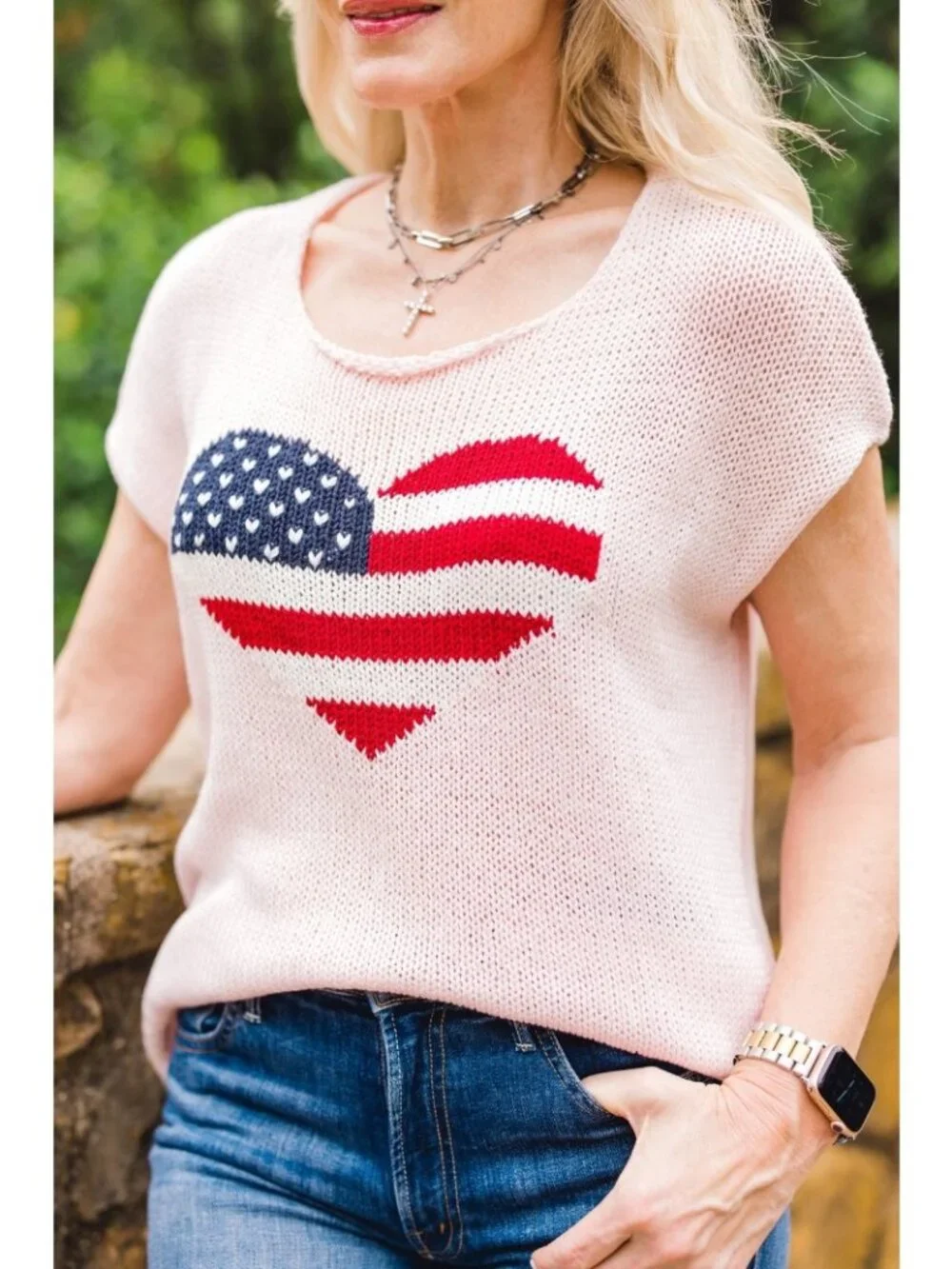 Wooden Ships American Flag Heart Sweater Top L Pink Open Knit Short Sleeve Beach - Picture 1 of 9